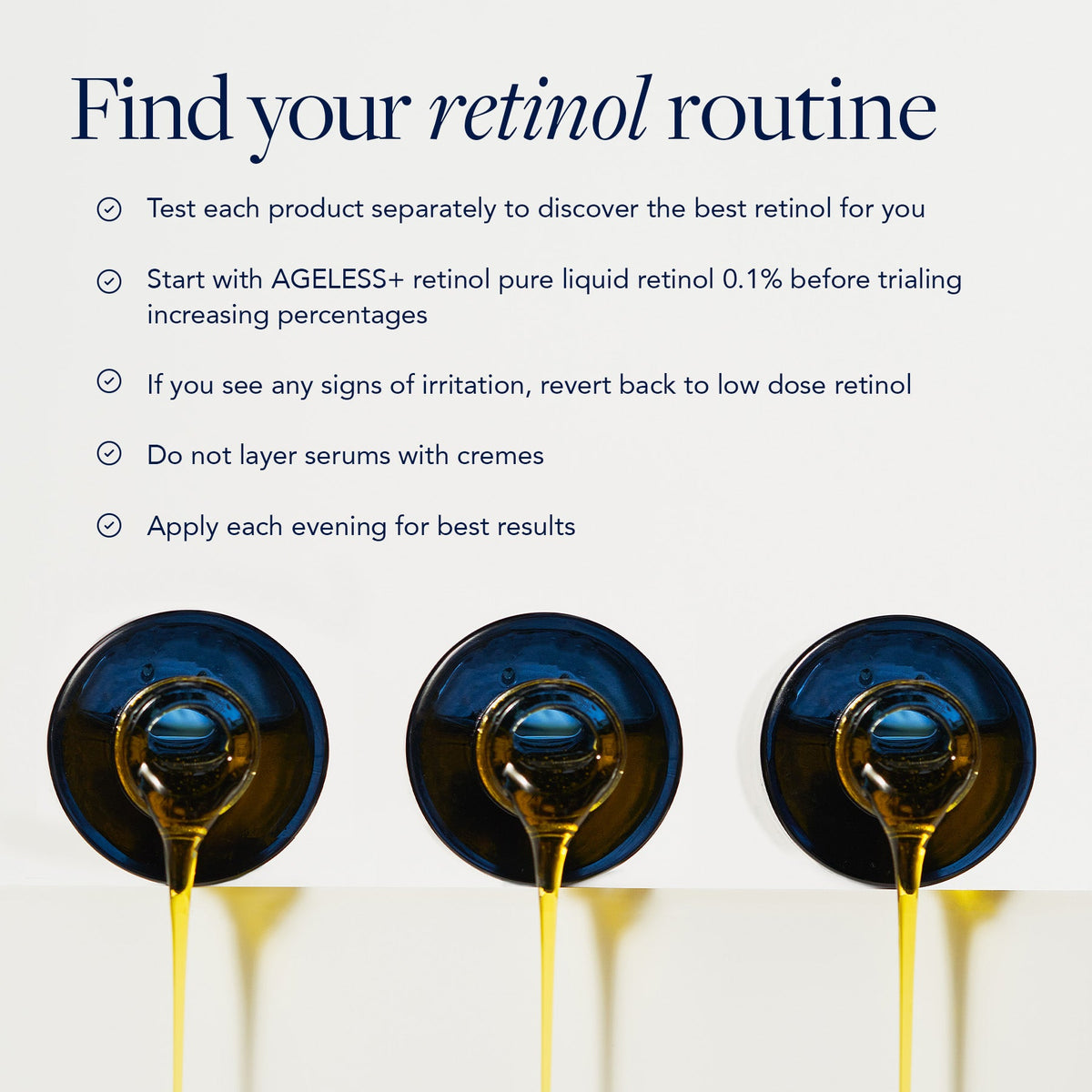 Instructions for finding a retinol routine with three droppers of liquid on a white background.