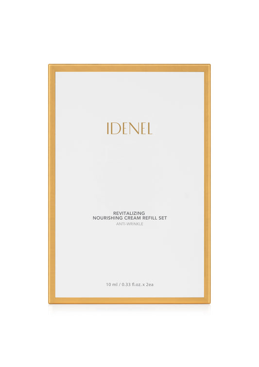 IDENEL Revitalizing Nourishing Cream Refill Set in a rectangular white box with a gold border, centered on a white background.