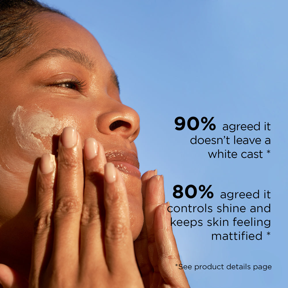 Woman applying IMAGE Skincare Daily Prevention Sheer Matte Moisturiser SPF 30 with text showing user satisfaction statistics.