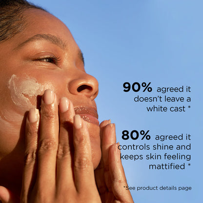 Woman applying IMAGE Skincare Daily Prevention Sheer Matte Moisturiser SPF 30 with text showing user satisfaction statistics.