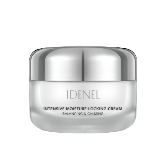 A silver cosmetic jar of IDENEL Intensive Moisture Locking Cream on a solid white background.