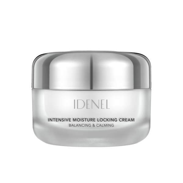 A silver cosmetic jar of IDENEL Intensive Moisture Locking Cream on a solid white background.